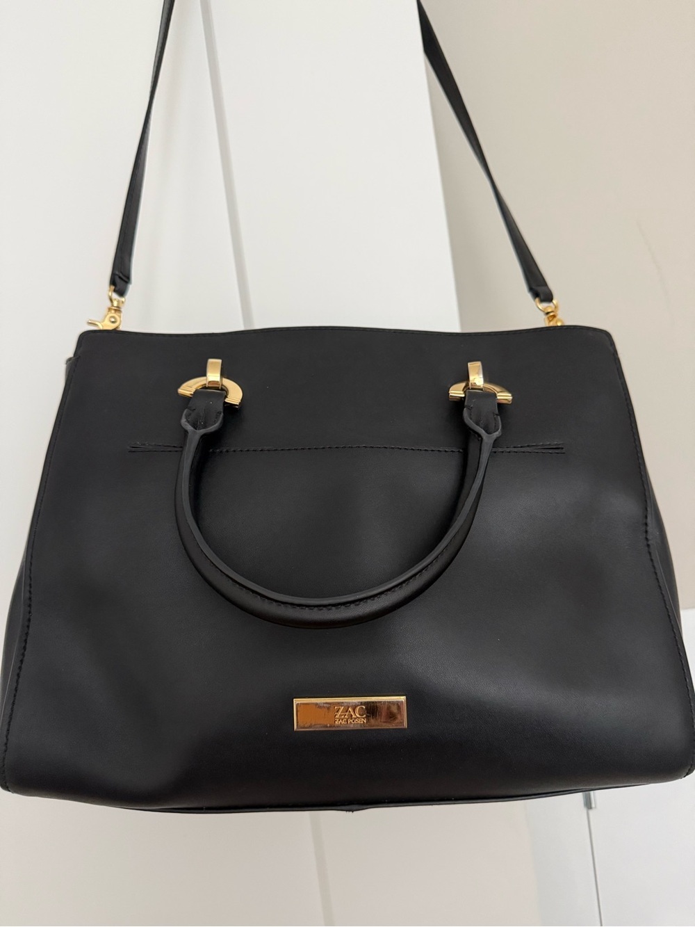 ZAC Zac Posen Zac Eartha East West Black Leather Satchel Gold Hardware Bag - Picture 1 of 15